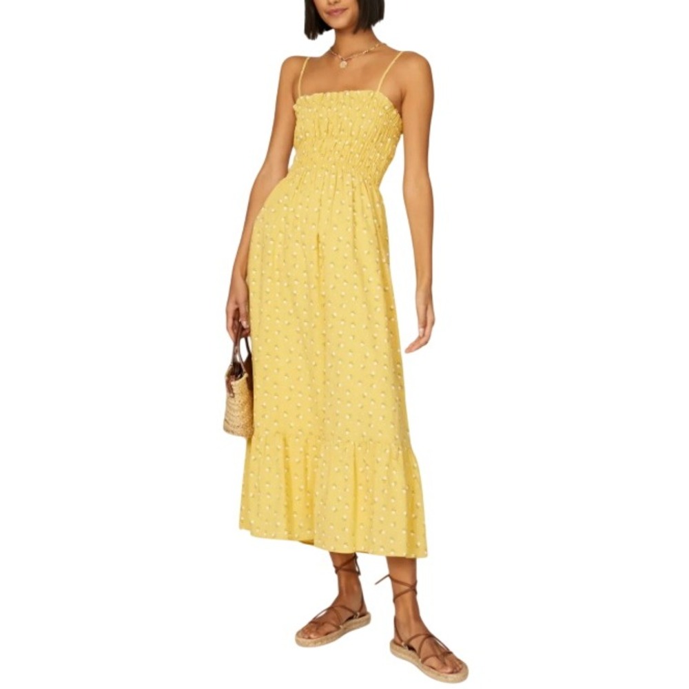 Line and Dot Women's Yellow Multi Smocked Hailee Flora Midi Dress Size M